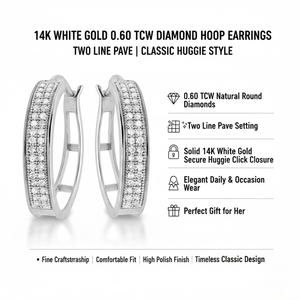 Pendientes de Aro de Oro Blanco de 14K con Diamantes Naturales de Corte Redondo de 0.60 TCW |   Pendientes de Aro Clásicos con Dos Líneas de Circonitas, Joyería Fina para Mujer - Product Image 5