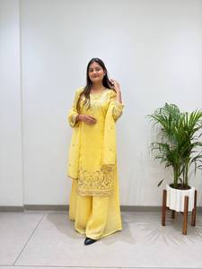 Yellow Cotton Embroidered <b>Kurta</b> Set With Dupatta Traditional Indian Pakistani <b>Women's</b> Casual Wear Floor-Length Loose Fit - Product Image 1