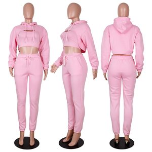 Fabricante OEM, Conjunto Deportivo Informal para Mujer, Sudadera con Capucha de Manga Larga, Color Sólido, Top Corto Holgado, Pantalones Deportivos de Algodón - Product Image 3