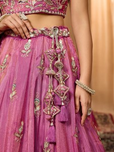 Rani Pink Tissue <b>Lehenga</b> Choli with Zari Embroidery Dupatta Set for Women Wear Sleeveless Floor-Length - Product Image 4
