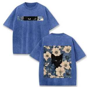 เสื้อยืดคอกลมแขนสั้นทรงโอเวอร์ไซส์สำหรับผู้ชาย ผ้าฝ้าย 100% ลายพิมพ์ดอกไม้ ดีไซน์แมวดำ สวมใส่สบาย ระบายอากาศได้ดี ผ้าเจอร์ซีย์ถักด้านหน้า - Product Image 4