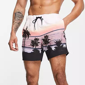 Short de bain décontracté pour homme, noir et gris, imprimé géométrique, 100 % polyester, taille mi-haute, séchage rapide, avec cordon de serrage - Product Image 5