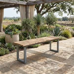 Banc de patio en teck massif à bords naturels, 2 places, avec pieds en métal, design traditionnel, durable, pour l'extérieur, hôtel, cour - Product Image 5
