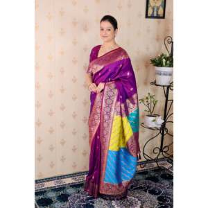 Sari de Seda Suave Morado Elite Weaves, Tejido Banarasi con Pallu Multicolor y Zari, Ropa India y Pakistaní, 650g - Product Image 2