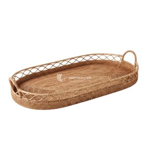 Plateau de service en rotin fait main, panier en osier ovale avec poignées pour la cuisine, la décoration du salon - Product Image 1