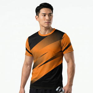Camiseta Deportiva de Manga Corta con Cuello Redondo para Hombre, Estilo Urbano, con Estampado Sublimado a Rayas Negras y Naranjas, de Secado Rápido, Tejida, 100% Algodón - Product Image 4