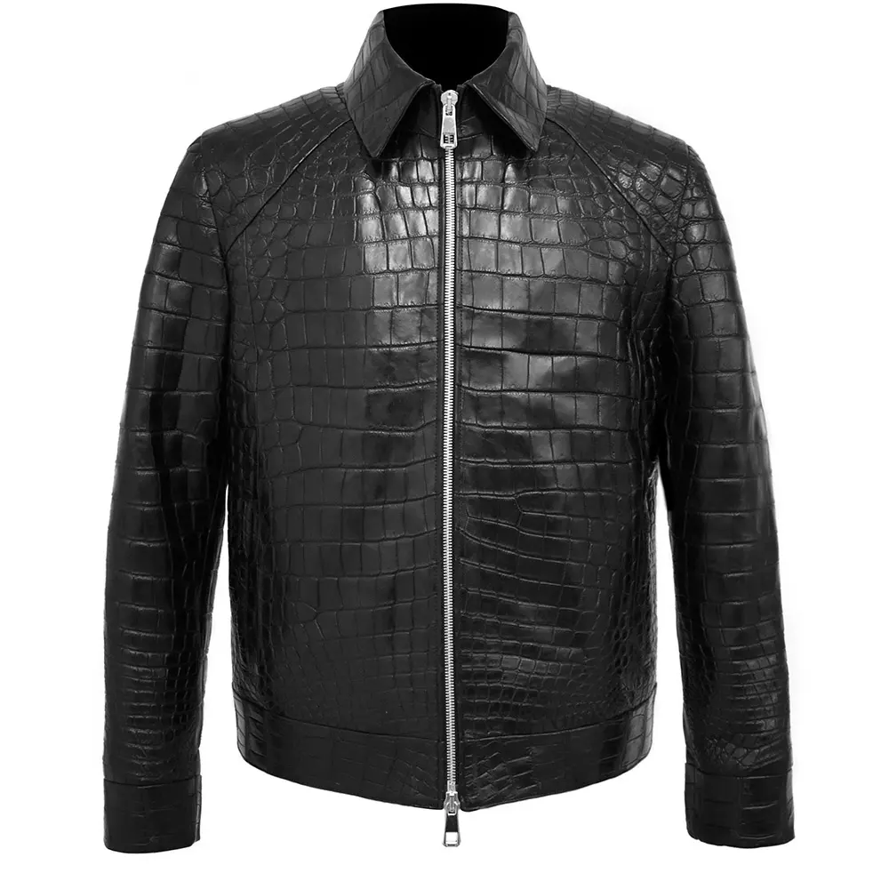 Black Alligator Leather Jacket For Men's Cow-skin Crocodile Embossed Jacket