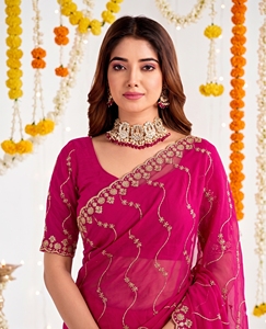 Sari en soie rose AARA Fashion avec broderie dorée, tenue de mariage indienne traditionnelle pour femmes, protection solaire toutes saisons - Product Image 5
