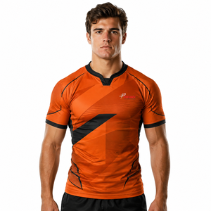 Camiseta de Rugby Sublimada con Diseño Geométrico Naranja y Negro para Hombre, Manga Corta, Ajustada, Transpirable, Cuello en V, Ropa Deportiva con OEM - Product Image 1