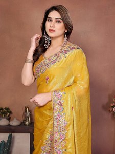 Embroidered Organza Women's Heavy Thread Work Border <b>Saree</b> <b>Blouse</b> Indian Wedding Party Wear Ethnic Winter Summer Stretchable - Product Image 4