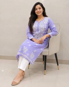 Trending Lavender Chikankari <b>Embroidered</b> Kurti for Women Floral Ethnic Indian Long <b>Tunic</b> Traditional Casual Festive Wear - Product Image 2