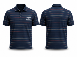 Chemise tricotée rayée pour homme de haute qualité, ODM, manches courtes, décontractée, bleu foncé avec des lignes blanches et rouges, coupe classique, logo personnalisé - Product Image 1