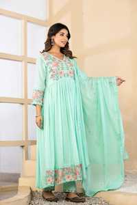 Ensemble Anarkali vert en coton brodé pour femme, longueur genou, avec dupatta, style traditionnel, coupe régulière, séchage rapide, tenue décontractée pour mariage - Product Image 4