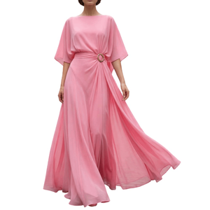 Vestido Maxi de Gasa Rosa Cuarzo con Cintura Adornada y Mangas Fluidas Tipo Kimono, Estilo Griego en Rosa Pastel - Product Image 1