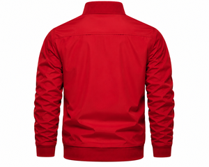 KOURPUR INTERNATIONAL Men's Red Bomber Jacket Stand Collar <b>Covered</b> <b>Button</b> Closure Casual Slim Fit Polyester Winter Wear - Product Image 2