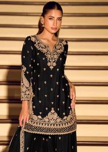 Anarkali Salwar Kameez noir brodé, avec dupatta en tulle non cousu, à manches longues, tenue de cérémonie pour mariage - Product Image 2