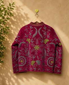 Stunning Bohemian Timeless Elegance Vintage Inspired Magenta <b>Velvet</b> Embroidered <b>Jacket</b> Coat Artisan Statement Layering <b>Jacket</b> - Product Image 3