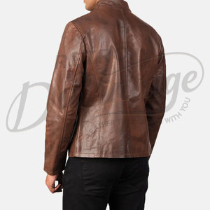 Veste en cuir marron pour homme, en véritable peau de mouton, style vintage vieilli, coupe ajustée, pour automne-hiver, décontractée, style motard - Product Image 2