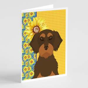 Summer Sunflowers Wirehair Chocolate Tan Teckel Cartes de vœux Pack 8 Whimsical A7 Size 5x7 Blank Note Cards with Enveloppes - Product Image 1