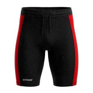 Shorts de compression en velours côtelé noir et rouge pour hommes, séchage rapide, taille élastique, coutures plates tricotées, décontracté et sportif - Product Image 1