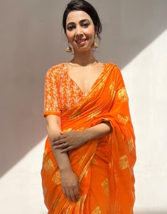 KV Women's Traditional Cotton Orange Printed Designer Saree Unstitched <b>Blouse</b> for Party Wrinkle-Free Quick Dry Reversible Autumn - Product Image 1