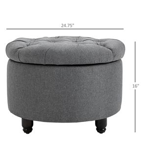 Panca Ottomana Rotonda in Lino Grigio con Bottoni Trapuntati per Soggiorno e Camera da Letto - Product Image 3
