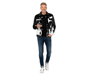 Veste chemise en cuir véritable pour homme, imprimé vache noir et blanc, col rabattu, style western décontracté, coupe ajustée, vêtement d'hiver imperméable - Product Image 1