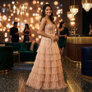 Elegant Peach Tiered Tulle Maxi Dress | <b>Spaghetti</b> <b>Strap</b> Sweetheart Neck | Modern A-Line Party Evening Gown | Women Formal Wear - Product Image 3