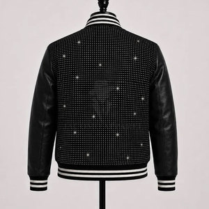 Chaqueta de cuero de invierno para hombre con pedrería, estilo motociclista, cierre completo, cuello alto, forro suave, ropa exterior informal, MOQ bajo - Product Image 2