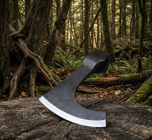 Hache tactique large en acier à haute teneur en carbone, plaquée nickel noir, à dos plat, lame traditionnelle de 16 cm, manche en bois gravé - Product Image 1