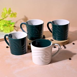 Ensemble de 4 tasses en céramique à motif vague vert et blanc, résistantes au micro-ondes, 200 ml, en grès émaillé - Product Image 4