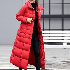 Red Long Puffer <b>Coat</b> Women <b>Winter</b> Warm Hooded Jacket Quilted Full Length Padded Parka Windproof <b>Thick</b> Maxi Overcoat Outwear - Product Image 3