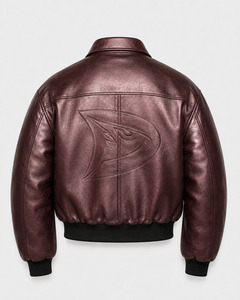 Blouson bomber en cuir véritable bordeaux pour homme avec logo embossé, col rabattu, fermeture éclair, vêtement décontracté pour l'automne - Product Image 2