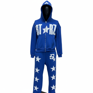 Ensemble de survêtement en molleton premium pour homme, sweat à capuche zippé et pantalon de jogging, logo étoile brodé multicolores - Product Image 1