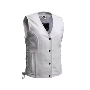 <b>Men's</b> <b>White</b> V-Neck Moto <b>Vest</b> With Side Lacing And Zipper Pocket Breathable Polyester Outerwear Spring Style - Product Image 4