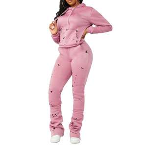 High Quality <b>Polyester</b>/Cotton Tech Fleece Breathable Casual Hooded Women's Tracksuit Plain Crop Pullover Ladies 2-Piece - Product Image 2