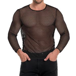 Chemises décontractées transparentes pour hommes en maille filet à manches longues, col rond, personnalisables - Product Image 6