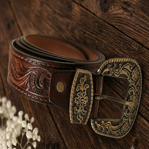 Real Cowhide Leather Floral Engraved Unisex <b>Belt</b> Vintage Style Tooled <b>Western</b> <b>Belt</b> with Designer Antique Brass Pin Buckle <b>Belt</b> - Product Image 1
