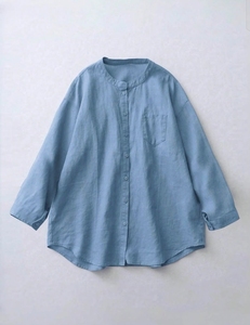 Blusa de Mujer de Lino con Cuello Mandarín, Manga Tres Cuartos, Color Sólido, Cierre de Botones, Corte Holgado, Estilo Minimalista, Primavera - Product Image 3
