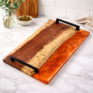 Bandeja de Servir Rectangular de Resina Epoxi Moderna y Personalizable, con Patrón Geométrico, Hecha a Mano, con Asas de Metal, Decoración de Cocina de Lujo - Product Image 1
