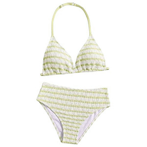 Conjunto de Bikini a Rayas para Mujer, Top Triangular con Cuello Halter, Braguita de Cintura Alta, Traje de Baño Elástico de Spandex y Poliéster - Product Image 1