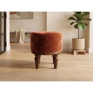 Puf Redondo de Tela Roja con Patas de Madera, Estilo Rústico, Decoración para Sala de Estar - Product Image 3