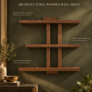 Étagère murale en bois contemporaine à trois niveaux avec grain naturel et design linéaire |   Étagère murale gain de place pour la maison - Product Image 2