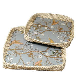 Affordable Boho Touch for Dining Room and <b>Holiday</b> <b>Gifting</b> Chic Handmade enamel printed Round Rattan Serving Tray <b>Set</b> - Product Image 1
