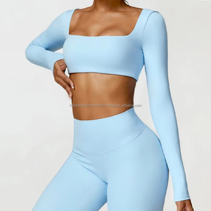 FONILBEST Women Yoga 2 Piece Set Front Pink Square Neck Long Sleeve <b>Crop</b> <b>Top</b> Solid Color Spandex/Polyester Sportswear Fashion - Product Image 4