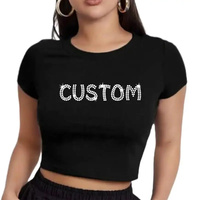 Camisetas Cortas Básicas de Verano para Mujer, Estilo Acid Wash, Cuello Redondo, Manga Corta, Casual, con Cuentas, Spandex/Algodón, Tela Jersey con Serigrafía