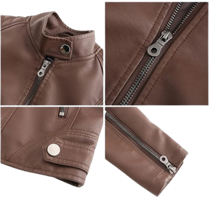 Women’s Brown Faux Leather Motorcycle <b>Biker</b> <b>Jacket</b> by Novenza - Product Image 3