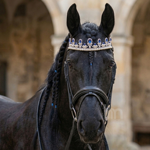 Fronture de cheval en cuir personnalisée haut de gamme, bleu roi, ornée de cristaux et de perles, style couronne/tiara, pour équestre, vente en gros, OEM - Product Image 2