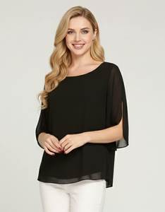 Haut décontracté noir pour femme en tissu georgette uni, avec doublure en crêpe, longueur normale, col rond, manches trois quarts, entièrement cousu, élégant - Product Image 1
