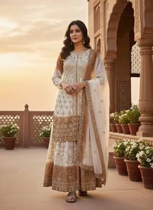 Ensemble Salwar Kameez en Soie Dorée Ombrée Crème pour Femme, Tenue Traditionnelle Indienne et Pakistanaise, Idéal pour Mariages et Fêtes, Longueur Ras du Sol, Coupe Classique - Product Image 2